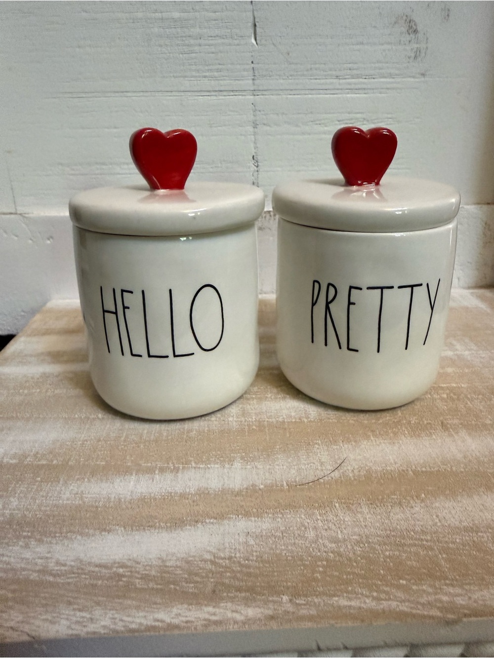 Rae Dunn Hello & Pretty Ceramic Canister Set with Red Heart Lids